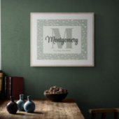 名前を入れたサググリーンと白の花柄プリント ポスター