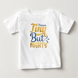 名前を入れた Tiny But Mighty イエロー ブルー ベビーTシャツ
