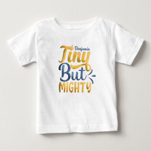 名前を入れた Tiny But Mighty イエロー ブルー ベビーTシャツ (正面)