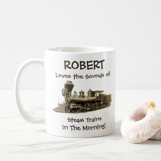 名前を変える文字蒸気機関車の音が大好き コーヒーマグカップ (ドーナツ)