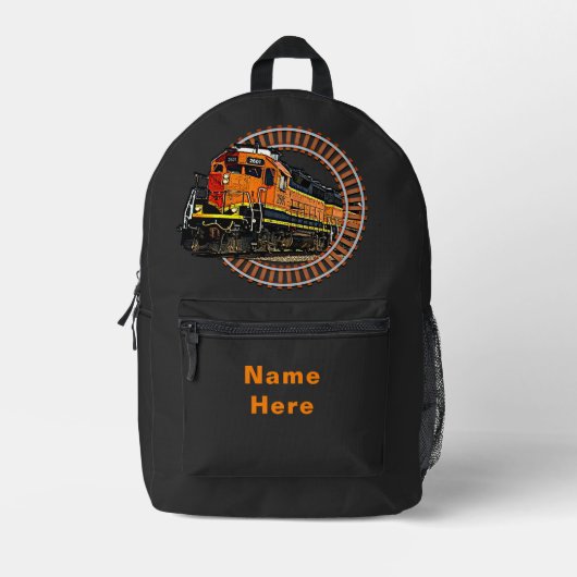 名前を変更するオレンジ色のディーゼル列車オンBLACK プリントバックパック (正面)