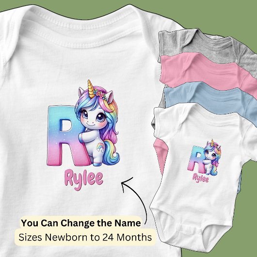 名前を変更 かわいいピンク 青 ユニコーン アルファベット R ベビーボディスーツ