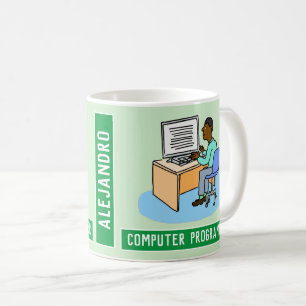 名前を持つ黒い男性のコンピュータプログラマ。 コーヒーマグカップ
