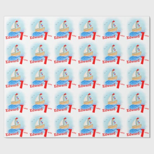 名前を挙げられた男の子は帆ボートの第1誕生日の覆いを絵を描きました ラッピングペーパー (フラット)