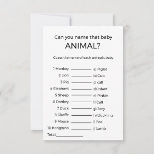 名前を推測baby animal baby showerゲームカード 招待状
