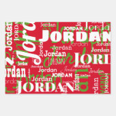 名前を繰り返す赤い緑の白いクリスマス ラッピングペーパーシート (正面2)