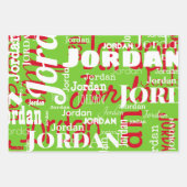 名前を繰り返す赤い緑の白いクリスマス ラッピングペーパーシート (正面)