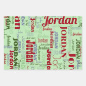 名前を繰り返す赤い緑の白いクリスマス ラッピングペーパーシート (正面2)