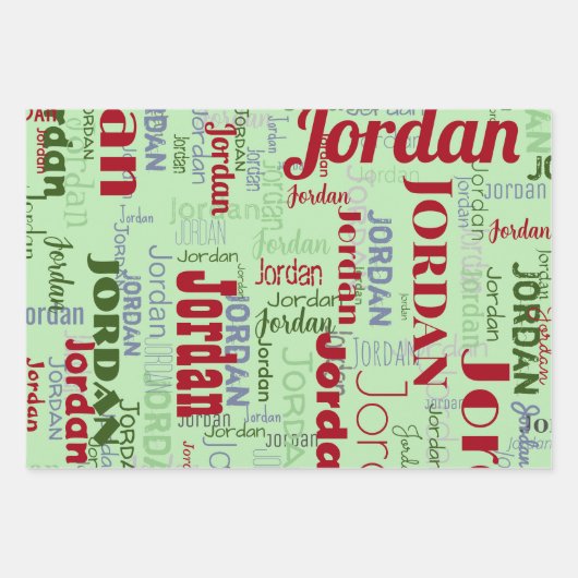 名前を繰り返す赤い緑の白いクリスマス ラッピングペーパーシート (正面2)