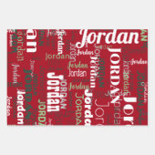 名前を繰り返す赤い緑の白いクリスマス ラッピングペーパーシート (正面)