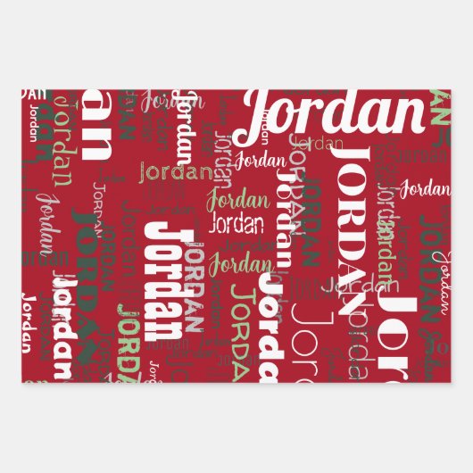 名前を繰り返す赤い緑の白いクリスマス ラッピングペーパーシート (正面)