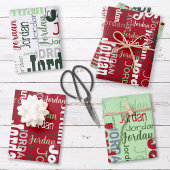 名前を繰り返す赤い緑の白いクリスマス ラッピングペーパーシート