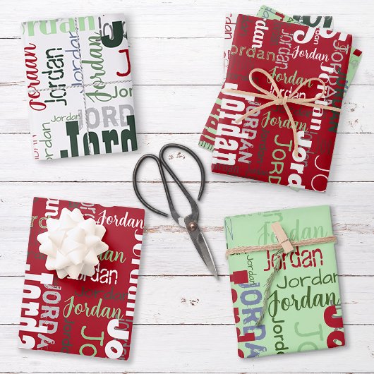 名前を繰り返す赤い緑の白いクリスマス ラッピングペーパーシート