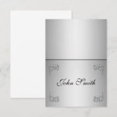 名前を記した elegant silver swirl のテーブルカード 招待状 (正面/裏面)