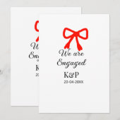 名前を赤いリボンで飾ったモダンなエンゲージメントレター 招待状 (正面/裏面)