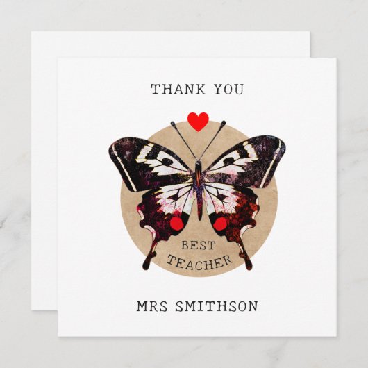 名前を追加かわいいヴィンテージ蝶ハート最高の先生 サンキューカード (正面/裏面)