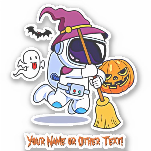 名前を追加かわいい宇宙飛行士Witch Broom Pumpkin幽霊 シール (正面)