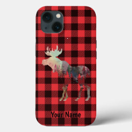 名前を追加します。 Moose, Red Buffalo Plaid電話ケース iPhone 13ケース