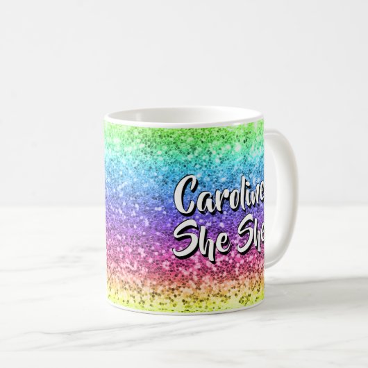 名前を追加すると、輝く虹を捨てた文字が変更されます コーヒーマグカップ (正面右)