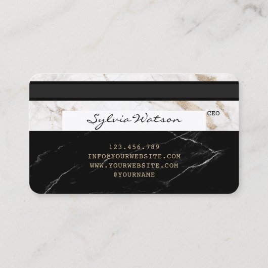 名前を追加するクレジットカードのスタイル付き黒い大理石 名刺 (裏面)