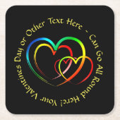 名前を追加するテキストメッセージ - 黒のハート スクエアペーパーコースター (正面)