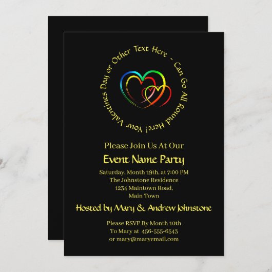 名前を追加するテキストメッセージ - 黒のハート 招待状 (正面/裏面)