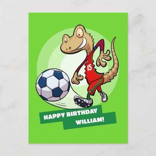 名前を追加するハッピーバースデーおもしろいサッカーGecko シーズンポストカード (正面)