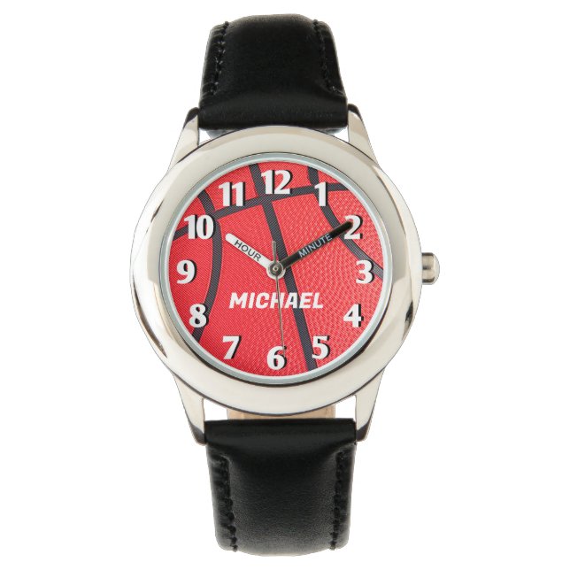 名前を追加するバスケットボールキッズ黒 腕時計 (正面)