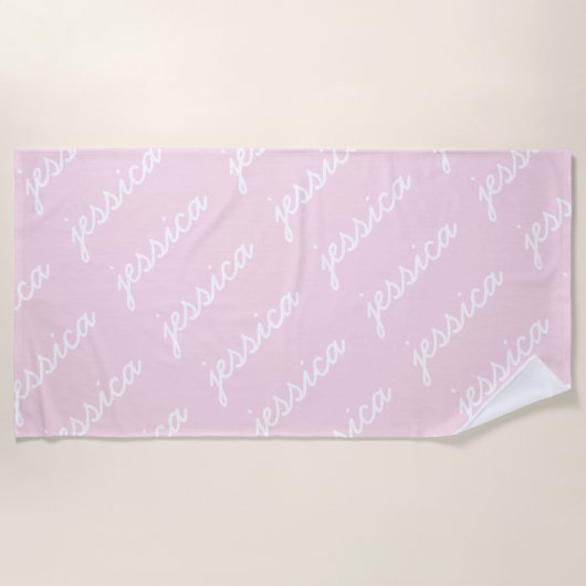 名前を追加するピンク色のアクセント記号 ビーチタオル (正面)