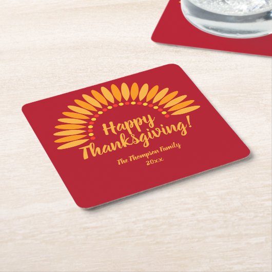 名前を追加する年ハッピー感謝祭Yellows on Red スクエアペーパーコースター (アングル)