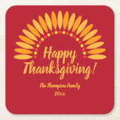 名前を追加する年ハッピー感謝祭Yellows on Red スクエアペーパーコースター (正面)
