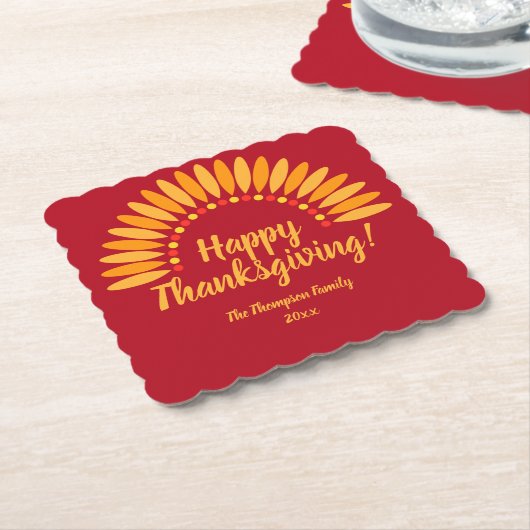 名前を追加する年ハッピー感謝祭Yellows on Red ペーパーコースター (アングル)