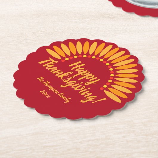 名前を追加する年ハッピー感謝祭Yellows on Red ペーパーコースター (アングル)