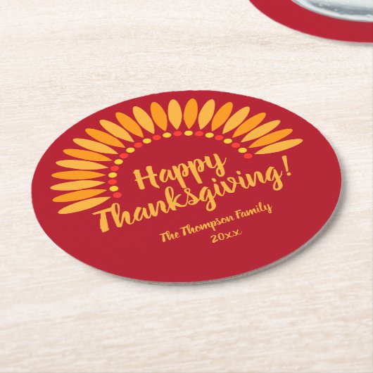 名前を追加する年ハッピー感謝祭Yellows on Red ラウンドペーパーコースター (アングル)