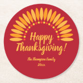 名前を追加する年ハッピー感謝祭Yellows on Red ラウンドペーパーコースター (正面)