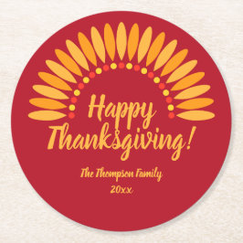 名前を追加する年ハッピー感謝祭Yellows on Red ラウンドペーパーコースター