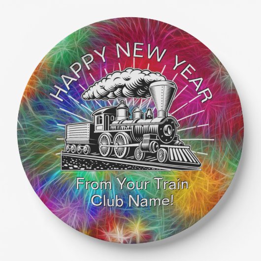 名前を追加する年、蒸気列車花火の新年 ペーパープレート (正面)