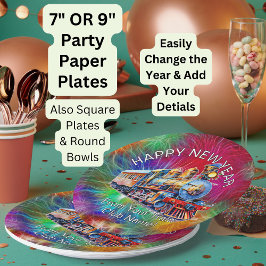 名前を追加する年、蒸気列車花火の新年 ペーパープレート