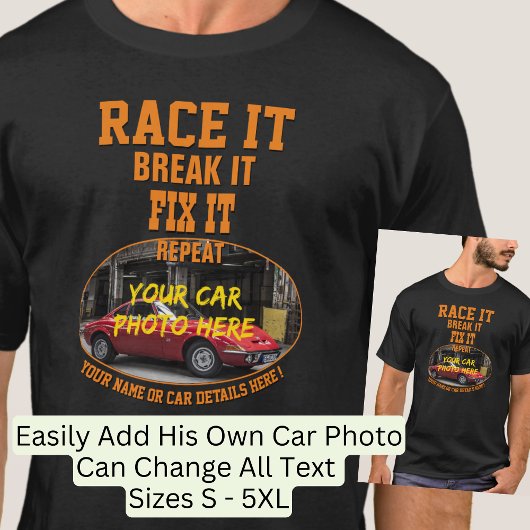 名前を追加する彼の車の写真文字、レースのブレーク修正の繰り返し Tシャツ