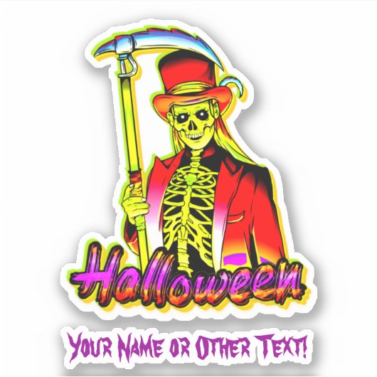 名前を追加する怖い赤い黄色の死神ハロウィーン シール (正面)
