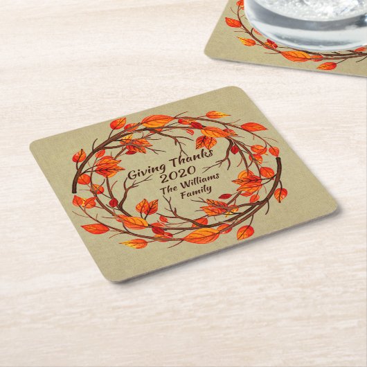 名前を追加する感謝祭の秋 スクエアペーパーコースター (アングル)