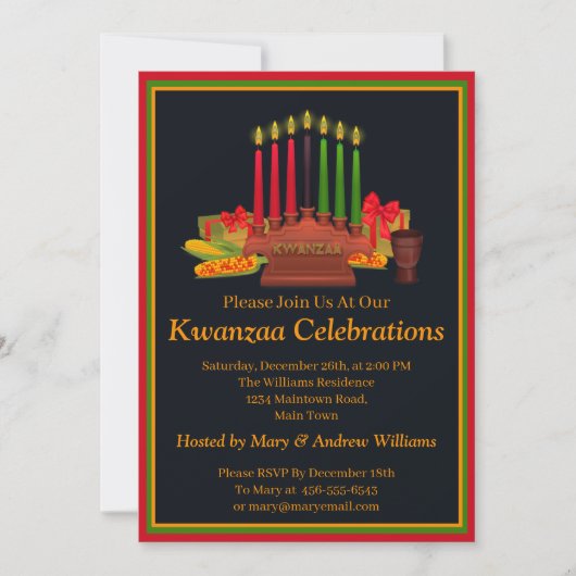 名前を追加する日付詳細クワンザキャンドル饗宴パーティー 招待状 (正面)