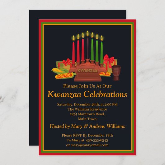 名前を追加する日付詳細クワンザキャンドル饗宴パーティー 招待状 (正面/裏面)