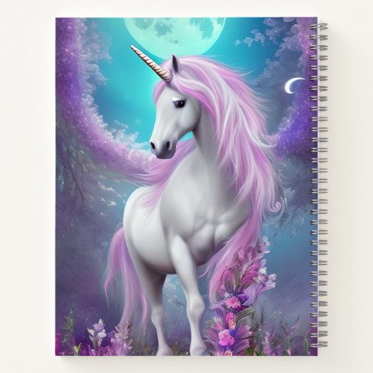 名前を追加する白いユニコーンと紫の花と月 ノートブック (裏面)