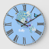 名前を追加する花の妖精の時計、青ガーリーかわいらし色 ラージ壁時計 (正面)