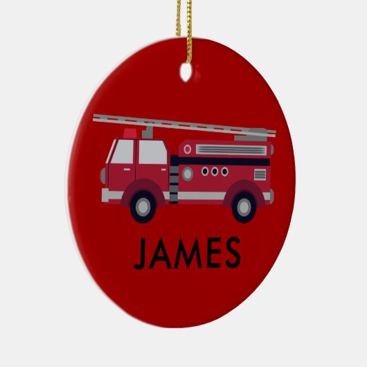 名前を追加する赤い消防車パーソナライズされた セラミックオーナメント (右)