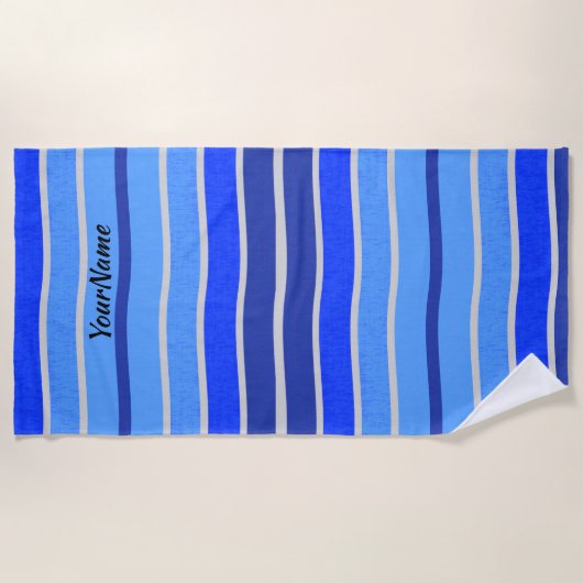 名前を追加する青と白の波ストライプ線航海の ビーチタオル (正面)