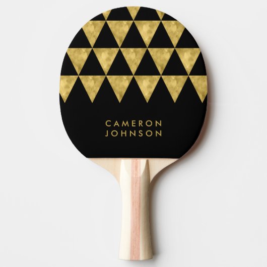 名前を追加する黒とフェイク金ゴールドの三角形パターン 卓球ラケット (正面)