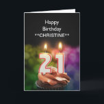 名前を追加する， 21st誕生日カード カード<br><div class="desc">チョコレートのカップケーキの上に数字の形で21番目の誕生日ケーキキャンドルを燃やす。誕生日カスタマイズ者の名前。男性や女性に適している。私の店で年齢や人間関係のためのカードの全範囲を参照する。すべてのアートワークの著作権Norma Cornes</div>