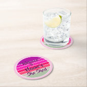 名前を追加ようこそ彼女にピンクのレトロ夕日 ラウンドペーパーコースター (インサイチュ)